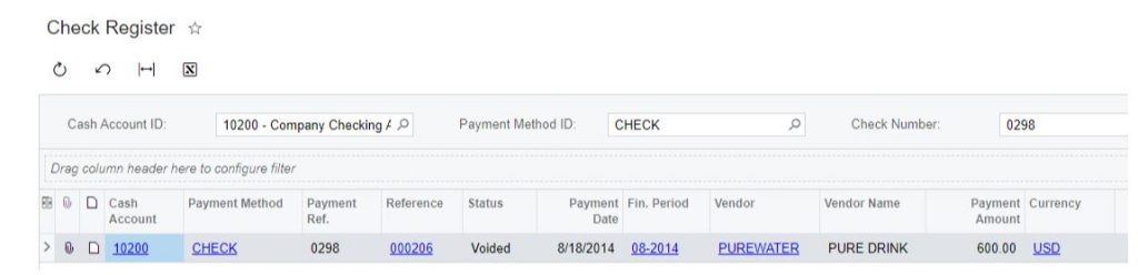 Acumatica Finance: Check Register Inquiry