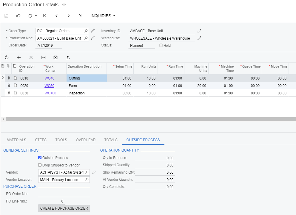 Acumatica Outside Processing