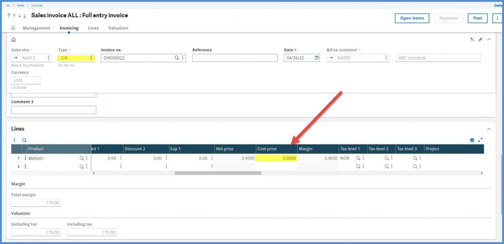 direct sales invoices sage x3