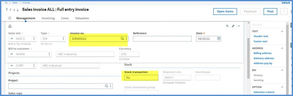 direct sales invoices sage x3