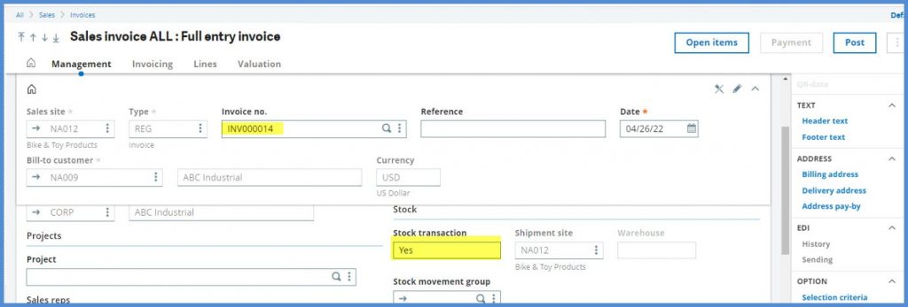 direct sales invoices sage x3