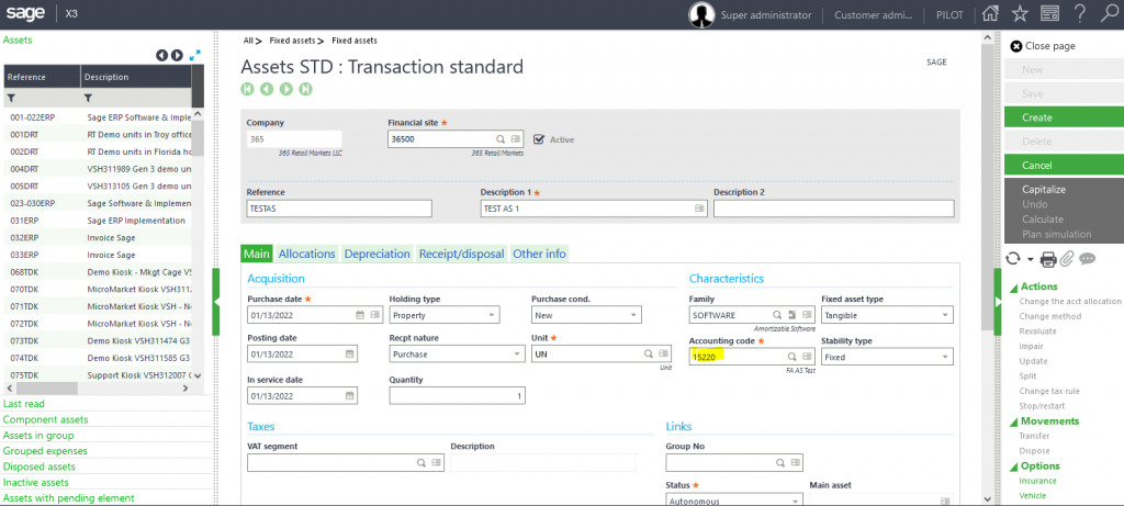 Fixed Asset Group Association in Sage X3