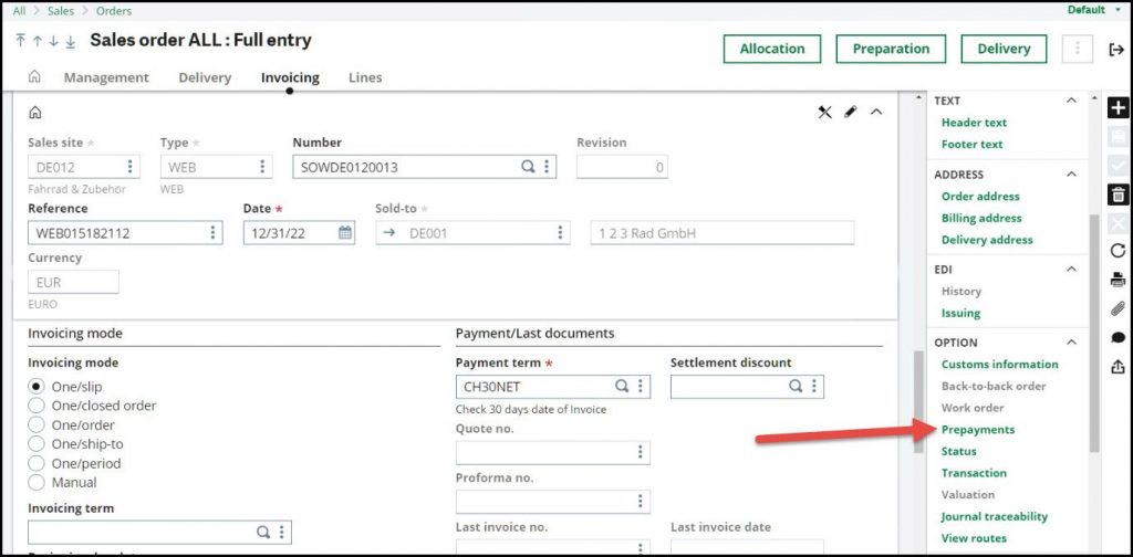 Prepayment Invoice Function Sage X3