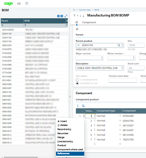 Component Options for BOMs in Sage X3