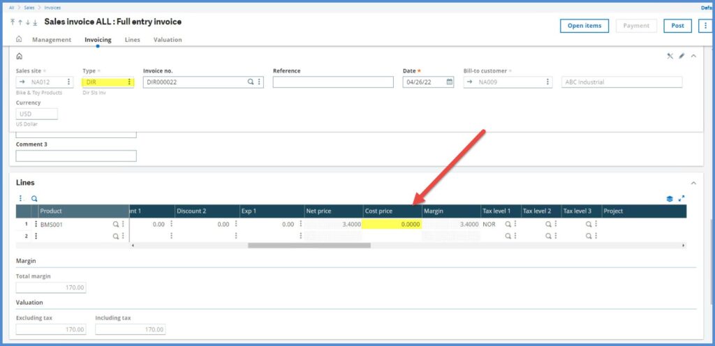 direct sales invoices sage x3