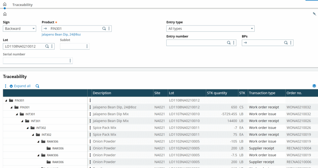 traceability report sage x3