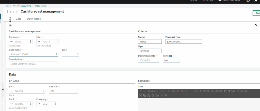 cash forecasting in sage x3