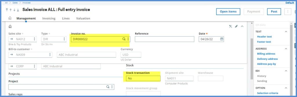 direct sales invoices sage x3