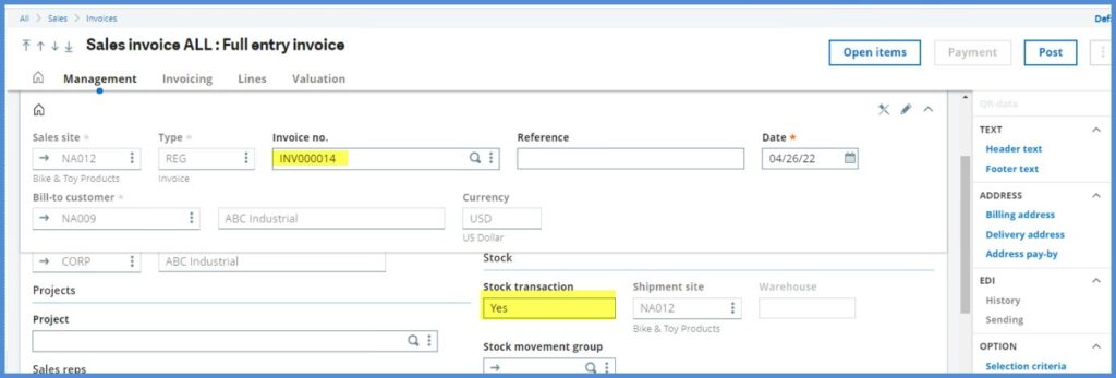 direct sales invoices sage x3