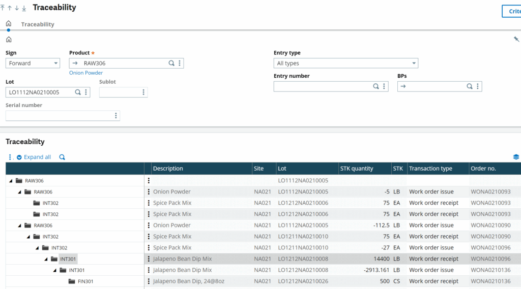 traceability report sage x3